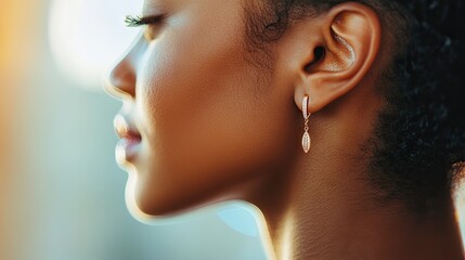 A profile view of a woman's ear with a modern, elegant earring, set against a blurred, light-colored background.