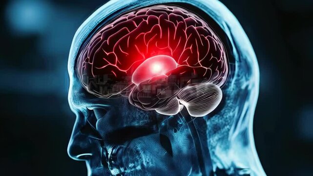 video of An X-ray of a man's head showing a medical examination of head injuries, with the frontal part of the brain highlighted in red	
