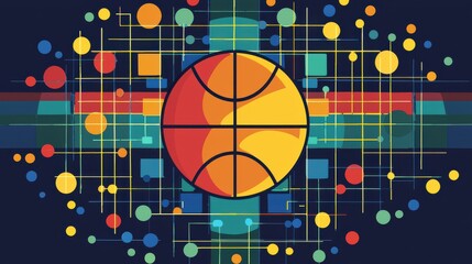 Naklejka premium Modern Simplistic Illustration of a Basketball Bracket with Colorful Geometric Elements and Dynamic Background