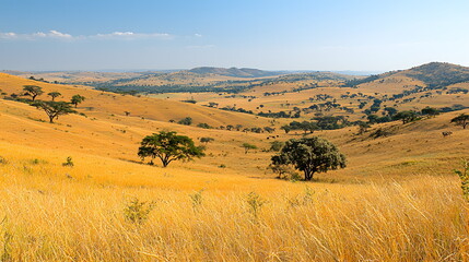 Fototapeta premium Golden grassland landscape with rolling hills, scattered trees, and a clear blue sky under sunlight.