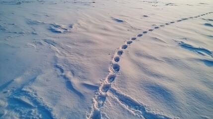 A set of fox tracks weaving gracefully across a frozen field covered in fresh snow.