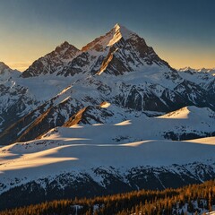 Majestic Snowy Peaks &ndash; A breathtaking view of towering snow-covered mountains under a clear blue sky, with the sun casting a golden glow on the peaks.