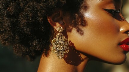 Fototapeta premium A shot of a woman's ear with a large, modern earring, designed with intricate shapes and a bold statement.