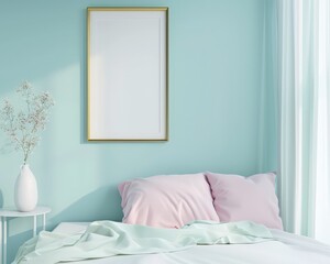 Minimalist bedroom with a blank frame above the bed. with a pink vase and flowers on a side table