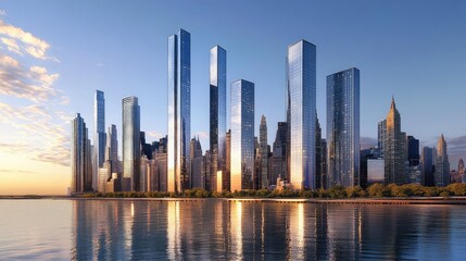 Obraz premium A skyline featuring multiple ultra-modern skyscrapers with mirrored glass exteriors.