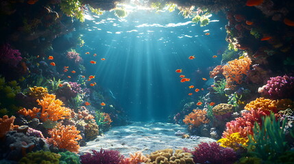 Fototapeta premium Vibrant coral reef underwater scene with colorful coral formations and tropical fish swimming peacefully.