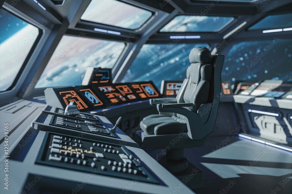 Poster futuristic spaceship bridge with a captain's chair overlooking earth from space.