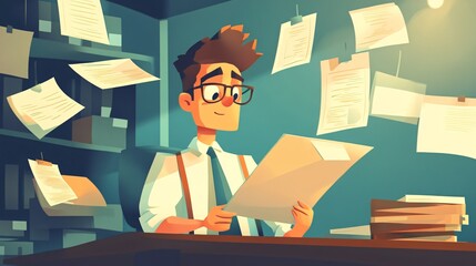 Animated Character in a Creative Office Setting Reviewing Papers Surrounded by Flying Documents, Showcasing a Busy and Organized Workspace Environment