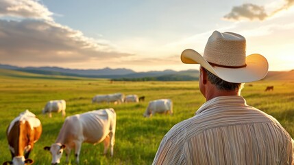 A farmer in a cowboy hat watches over grazing cattle against a scenic backdrop of rolling hills and a vibrant sunset.