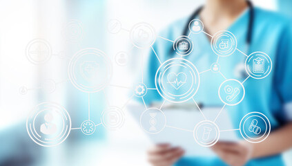 A healthcare professional engages with advanced technology, utilizing digital tools for AI diagnostics and virtual care. Background hints at a modern healthcare facility focusing on innovation