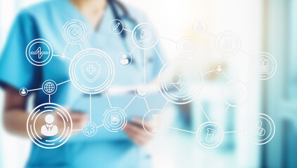 A healthcare professional engages with advanced technology, utilizing digital tools for AI diagnostics and virtual care. Background hints at a modern healthcare facility focusing on innovation