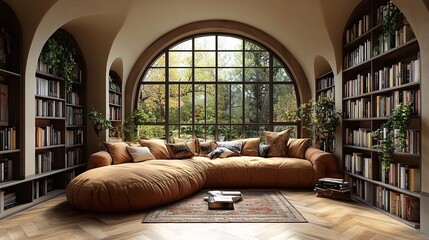 Cozy Reading Nook with Arched Window and Bookshelves