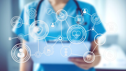 A healthcare professional engages with advanced technology, utilizing digital tools for AI diagnostics and virtual care. Background hints at a modern healthcare facility focusing on innovation