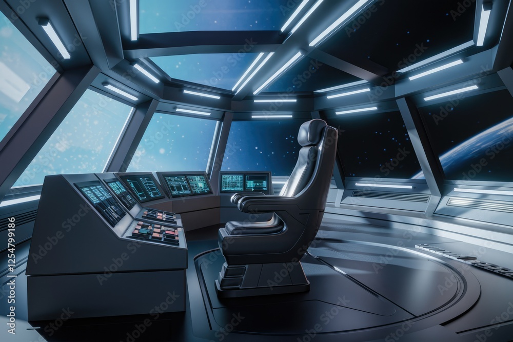 Poster futuristic spaceship bridge with a captain's chair overlooking earth and space.