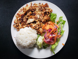 A close-up photo of a chicken kebab rice with vegetable meal.