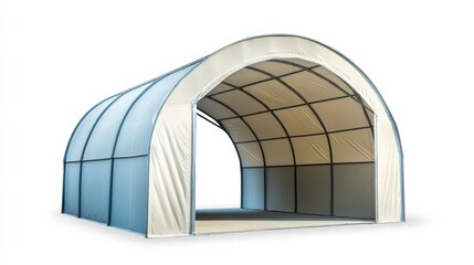 Arched Fabric Shelter: A sturdy, arched fabric shelter provides versatile, temporary storage or covered space. Its durable construction and simple design make it ideal for various applications.