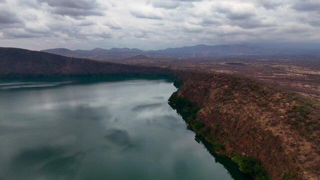 Chala Crater Lake in Kenya, aerial drone view of volcanic caldera lake