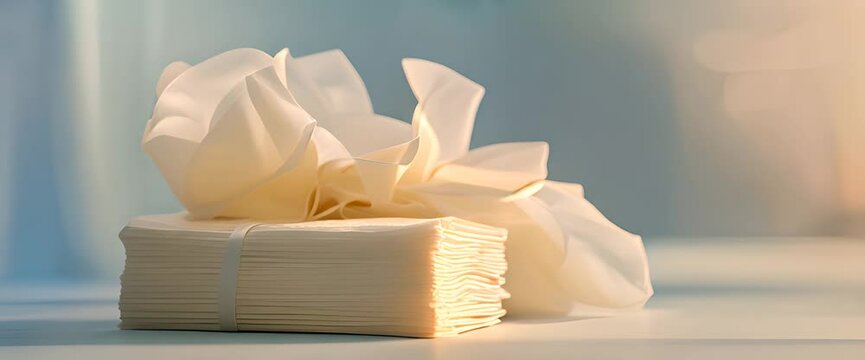 A neat stack of tissues, perfectly aligned, glowing softly under a warm golden light