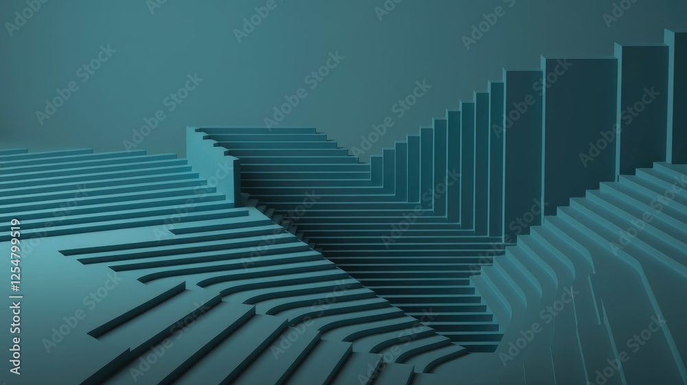 Poster Abstract 3D rendering of teal-colored stairs and blocks forming a complex geometric pattern.
