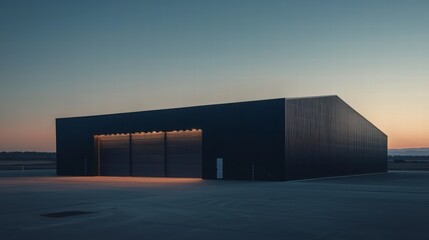 Industrial Sunset: A large, dark hangar stands solitary against a dusky twilight sky. The building's sleek, minimalist design is emphasized by the soft.