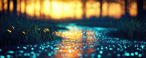 Glow forest idea. A tranquil river reflecting a stunning sunset surrounded by glowing flora.