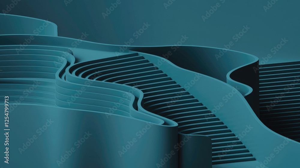 Poster Abstract 3D rendering of a teal staircase with flowing, curved lines, creating a modern and artistic design.