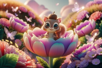 Adorable cartoon squirrel with acorn hat sits in a giant flower surrounded by butterflies and blossoms in a dreamy garden.