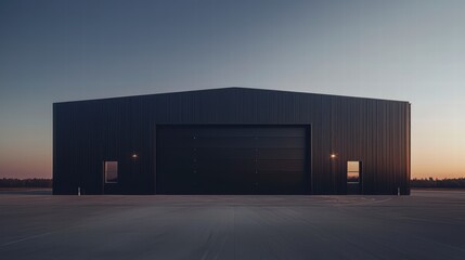 Obraz premium Black Hangar at Dusk: A sleek, black hangar stands solitary against a twilight sky, its large roll-up door a stark contrast to the soft, fading light.
