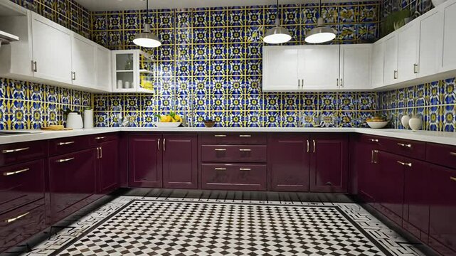  Artistic kitchen with bold patterns, colorful tiles, and custom-painted cabinetry, Cinematic, Slow Motion