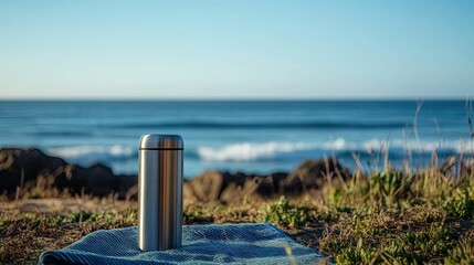 Fototapeta premium A stainless steel thermos resting on a beach towel near the shore, with a serene ocean backdrop.