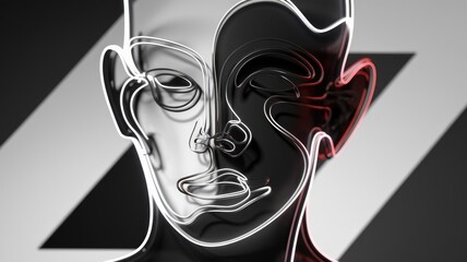 Abstract portrait of a face, split into dark and light halves, created with neon line art.