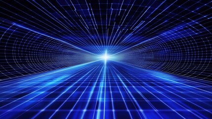 Obraz premium Dynamic Blue Light Flowing Through a Futuristic Grid Space with a Radiant Center