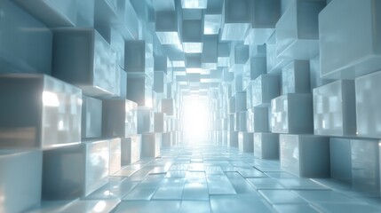 Exploration of a mesmerizing light tunnel filled with glowing cubes in a futuristic digital world