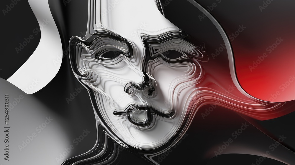 Poster abstract portrait of a face, rendered in swirling black, white, and red lines, creating a sense of f