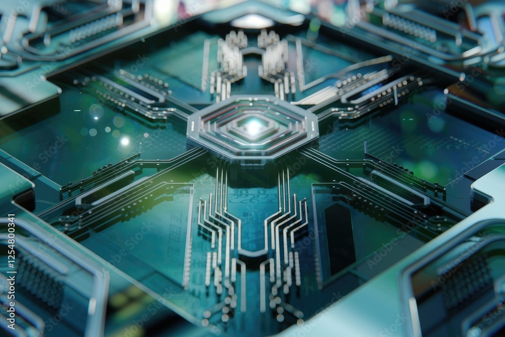 Aufkleber futuristic circuit board design with intricate pathways and glowing central core, showcasing advance