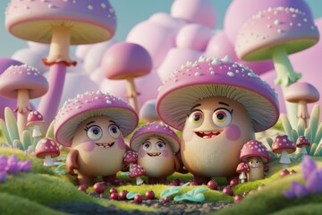 A happy family of cartoon mushrooms reside in a whimsical, pastel-colored mushroom forest.