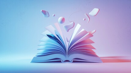 An open book with abstract shapes floating above, symbolizing knowledge and imagination.