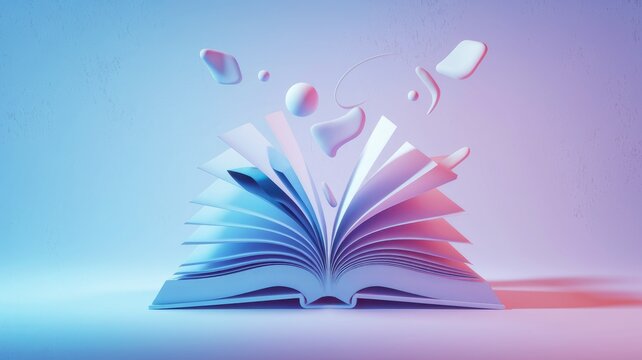 An open book with abstract shapes floating above, symbolizing knowledge and imagination.