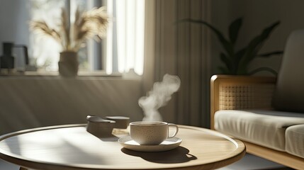 Fototapeta premium A steaming cup of espresso on a modern coffee table with sunlight gently illuminating the steam.