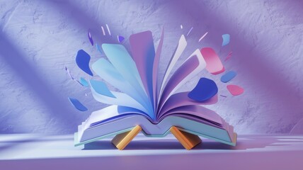 A book magically opens, revealing vibrant, colorful pages that seem to float and dance in the air.