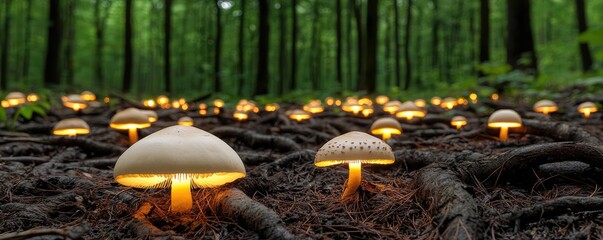 Glow forest concept. Glowing mushrooms illuminate a lush forest floor, creating a mystical atmosphere.