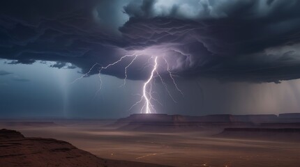 A powerful lightning bolt strikes over a vast desert canyon during a dramatic thunderstorm. Dark storm clouds and heavy rain create a breathtaking scene of nature’s raw energy.

