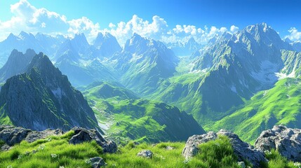 Fototapeta premium A pixelated landscape showcasing lush mountains and valleys, with rocky peaks and grassy slopes. Bright sunlight bathes the scene, casting a warm