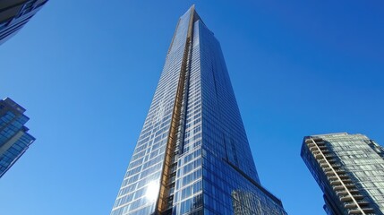 Fototapeta premium A stunning ultra-modern skyscraper with reflective glass walls towering against a bright blue sky.