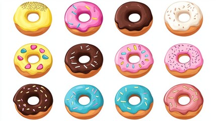 Obraz premium Colorful donuts with various toppings create a delightful feast for the eyes. Each one showcases different flavors and decorations, inviting indulgence and joy. Ideal for sweet cravings