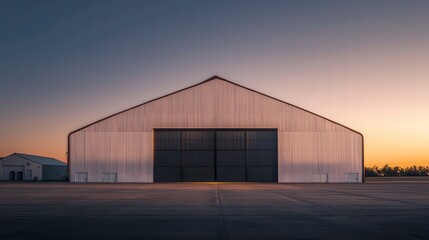 Obraz premium Sunset Over the Hangar: A large, metal hangar stands silhouetted against a vibrant sunset, its massive doors closed, creating a sense of mystery and potential.