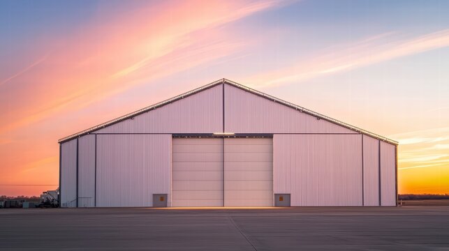 Industrial Sunset: A large, modern warehouse stands silhouetted against a stunning sunset sky, the warm hues of the sky reflecting on the metallic facade.