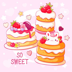 Card with cute dessert in kawaii style. Pile of pancakes with whipped cream and strawberry. Inscription So sweet. Can be used for t-shirt print, sticker, greeting card. Vector illustration EPS8