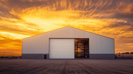 Warehouse at Sunset: A large industrial warehouse silhouetted against a breathtaking sunset sky, showcasing the vibrant hues of twilight and casting long shadows across the expansive landscape.  