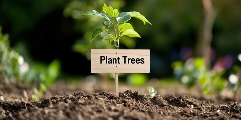 environmental awareness, a plant trees sign stuck in the soil beside a young tree, with a colorful background of a community event
